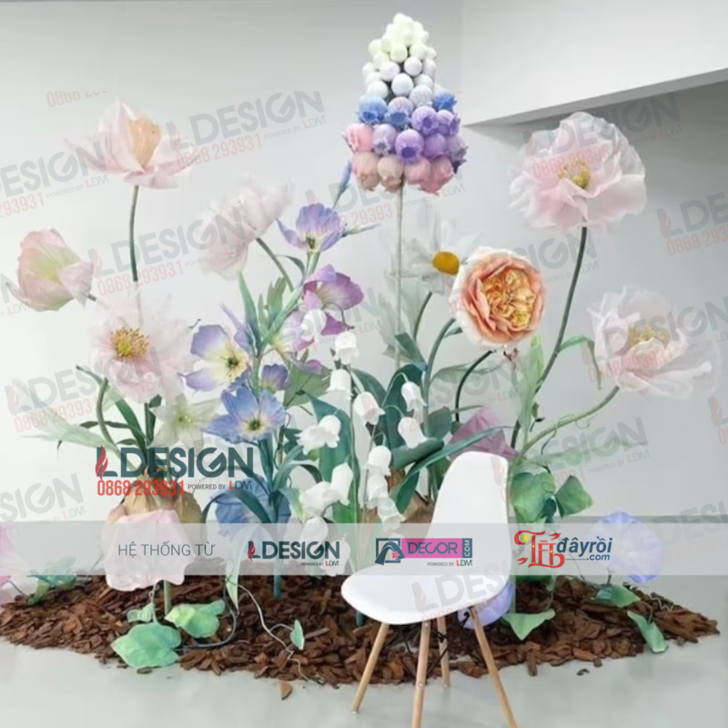 Tiểu cảnh hoa giấy Organza khổng lồ thủ công màu hồng và tím
