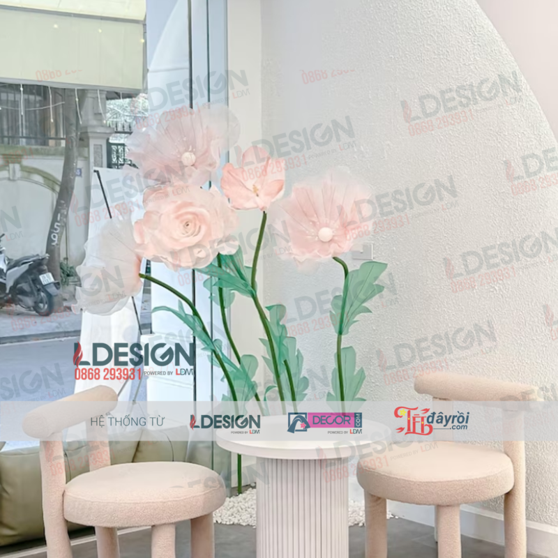Tiểu cảnh hoa giấy Organza khổng lồ thủ công màu hồng và tím - Hình ảnh 4