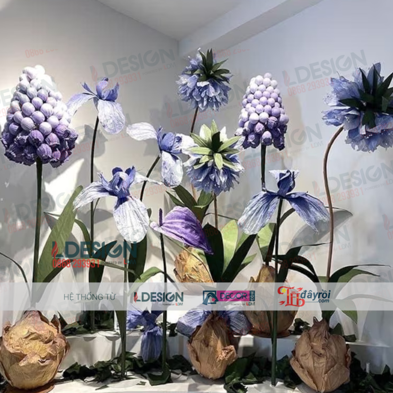 Tiểu cảnh hoa giấy Organza khổng lồ thủ công màu hồng và tím - Hình ảnh 2