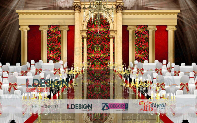 "Đám Cưới Huyền Diệu: Background Đỏ Rực Rỡ Cùng Ánh Vàng Lấp Lánh Từ LDecor"
