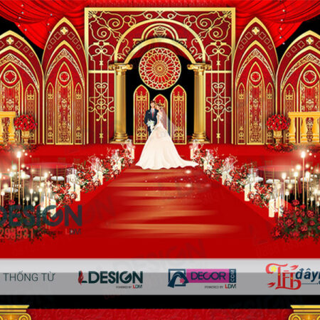 "Royal Splendor: Background Tiệc Cưới Màu Đỏ và Vàng Gold của LDecor"