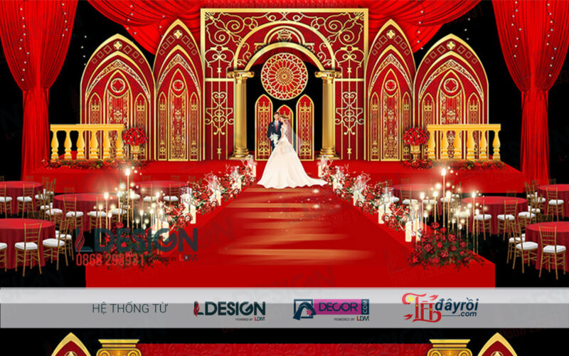 "Royal Splendor: Background Tiệc Cưới Màu Đỏ và Vàng Gold của LDecor"