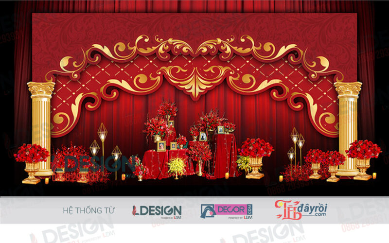 "Royal Splendor: Background Tiệc Cưới Màu Đỏ và Vàng Gold của LDecor" - Hình ảnh 2