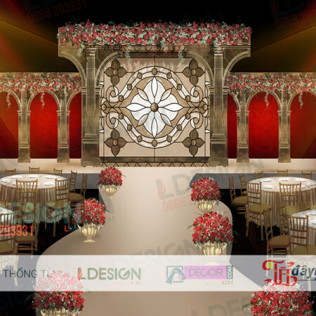 "Nồng Nàn Đam Mê: Tông Đỏ và Đồng Nhạt Trong Background Tiệc Cưới của LDecor"