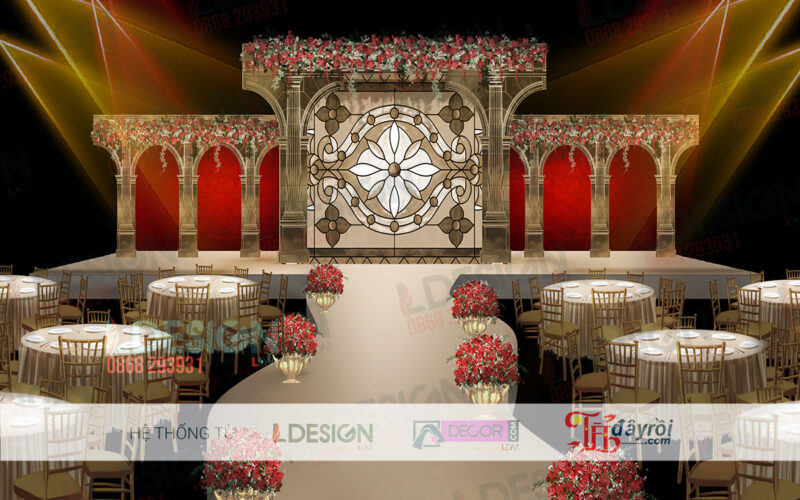 "Nồng Nàn Đam Mê: Tông Đỏ và Đồng Nhạt Trong Background Tiệc Cưới của LDecor"