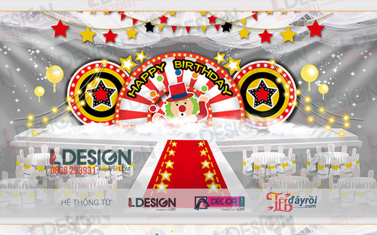 Bùng Nổ Niềm Vui: Background Sinh Nhật Màu Đỏ Chủ Đề Chú Hề từ LDecor