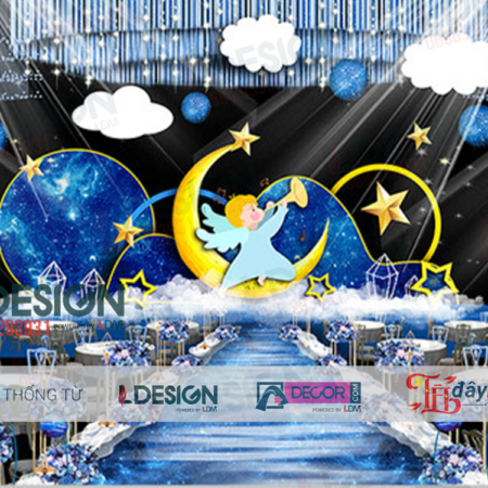 Giới Thiệu Background Sinh Nhật Với Tông Màu Chính Là Màu Xanh Dương Trang Trí Thêm 1 Thiên Thần Và Một Mặt Trăng Khuyết