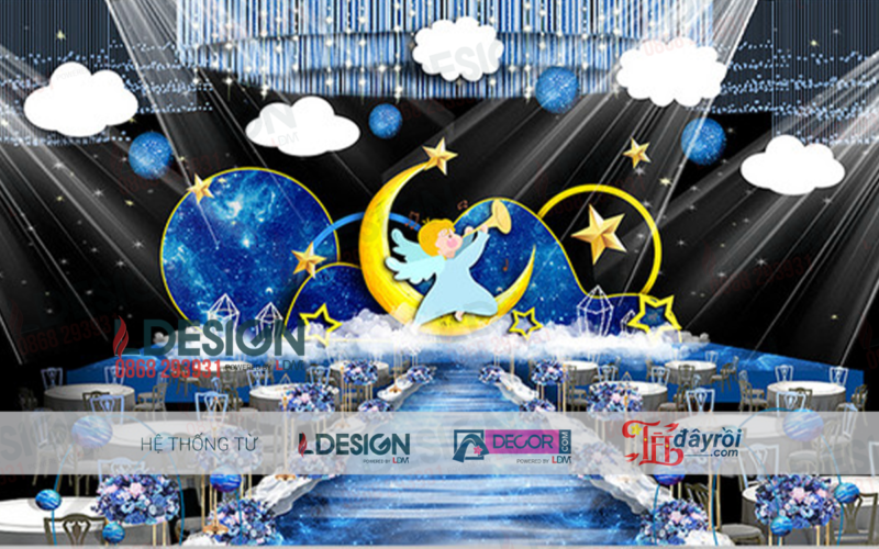 Giới Thiệu Background Sinh Nhật Với Tông Màu Chính Là Màu Xanh Dương Trang Trí Thêm 1 Thiên Thần Và Một Mặt Trăng Khuyết