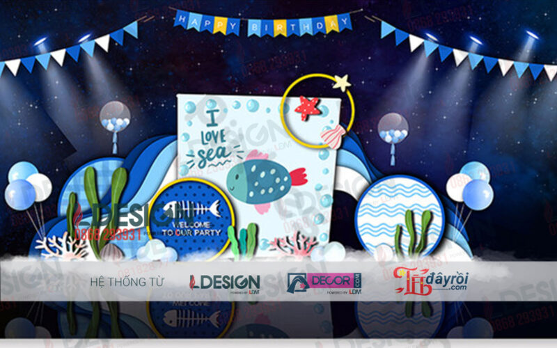 Giới Thiệu Background Sinh Nhật Với Nhiều Màu Sắc, Tông Màu Chính Là Màu Xanh Biển Với Chủ Đề Biển Cả