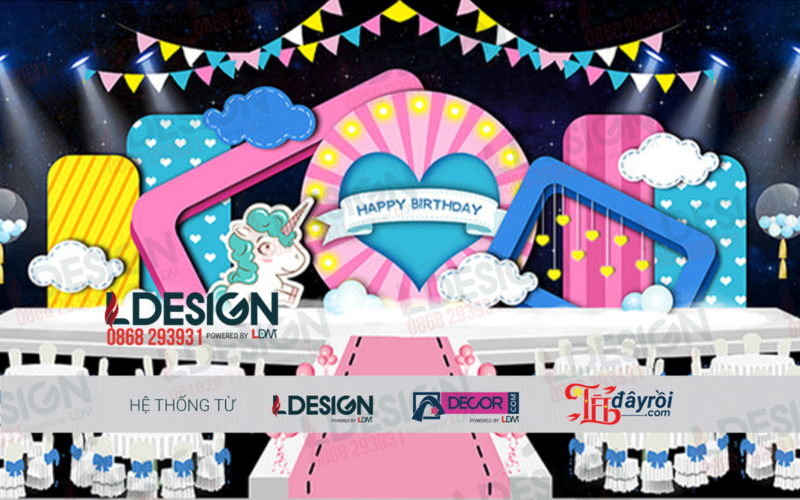 Background Sinh Nhật Với Tông Màu Hồng Và Xanh Dương Kết Hợp Bong Bóng Và Trang Trí Thêm Các Hình Trái Tim Từ LDecor - Ảnh 2