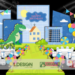 Backdrop Sinh Nhật Hiện Đại Với Tông Xanh Tươi Mát Và Hình Ảnh Hoạt Hình