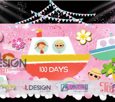 Backdrop 100 Days Cho Bé – Concept Tàu Thuyền Hồng Ngọt Ngào