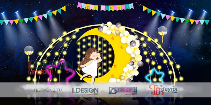 Trang Trí Sinh Nhật Bé Gái Chủ Đề Ánh Trăng Vàng Lung Linh - Ảnh 3