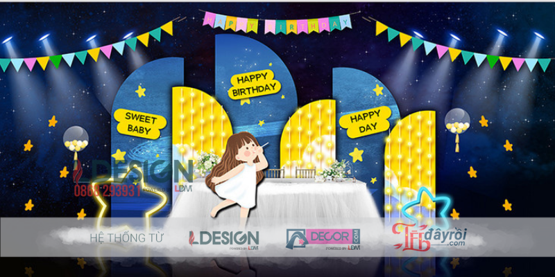 Trang Trí Sinh Nhật Bé Gái Chủ Đề Ánh Trăng Vàng Lung Linh - Ảnh 2