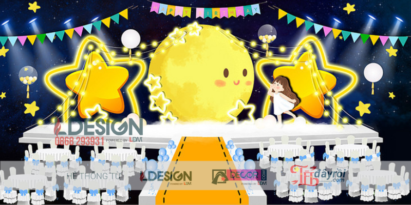 Trang Trí Sinh Nhật Bé Gái Chủ Đề Ánh Trăng Vàng Lung Linh