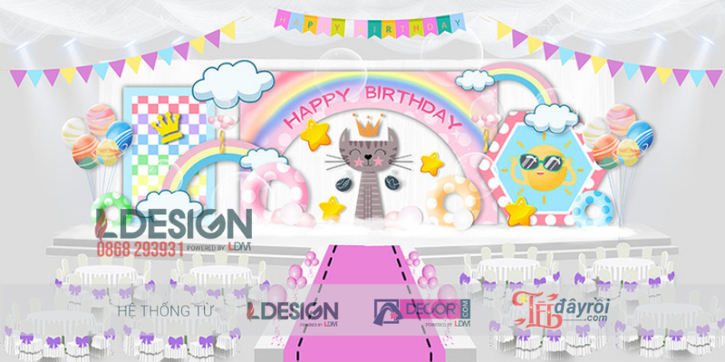 Trang Trí Sinh Nhật Chủ Đề Mèo Dễ Thương & Cầu Vồng Rực Rỡ - Ảnh 2