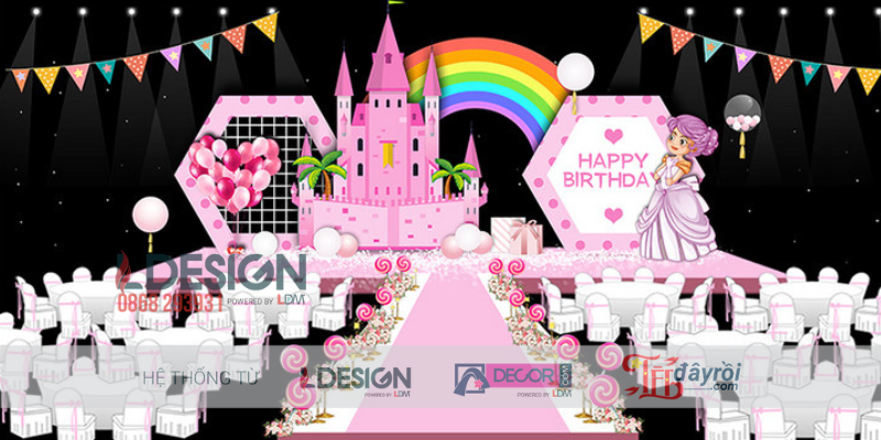 Mẫu Trang Trí Sinh Nhật Công Chúa Lâu Đài Hồng Dễ Thương