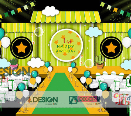 Mẫu Trang Trí Sinh Nhật Bé Trai Tông Xanh Vàng Độc Đáo