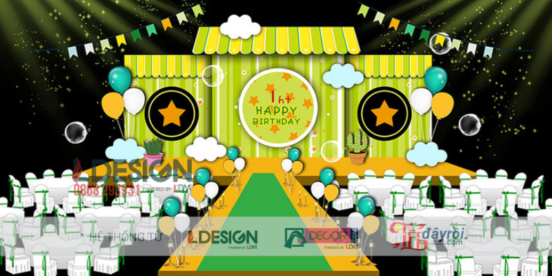 Mẫu Trang Trí Sinh Nhật Bé Trai Tông Xanh Vàng Độc Đáo