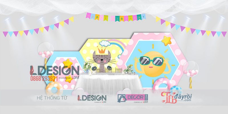 Trang Trí Sinh Nhật Chủ Đề Mèo Dễ Thương & Cầu Vồng Rực Rỡ - Ảnh 3