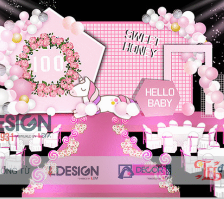 Trang Trí Tiệc Thôi Nôi Bé Gái Tone Hồng – Không Gian Sweet Honey Dễ Thương