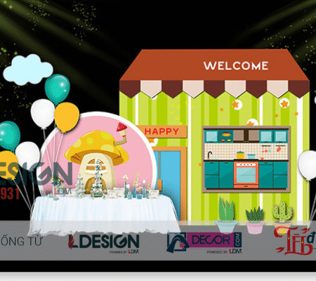 Trang Trí Sinh Nhật Tone Màu Xanh Với Nhưng Ngôi Nhà Và Cây Nấm